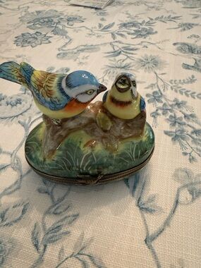 Signed Rochard Limoges Blue Yellow Green Pair of Birds Porcelain Trinket Box